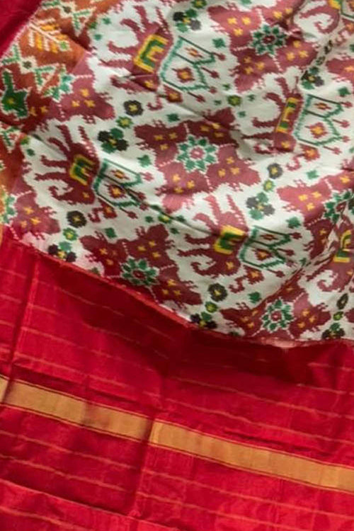Off White Handloom Pochampally Ikat Pure Silk Dupatta - Luxurion World