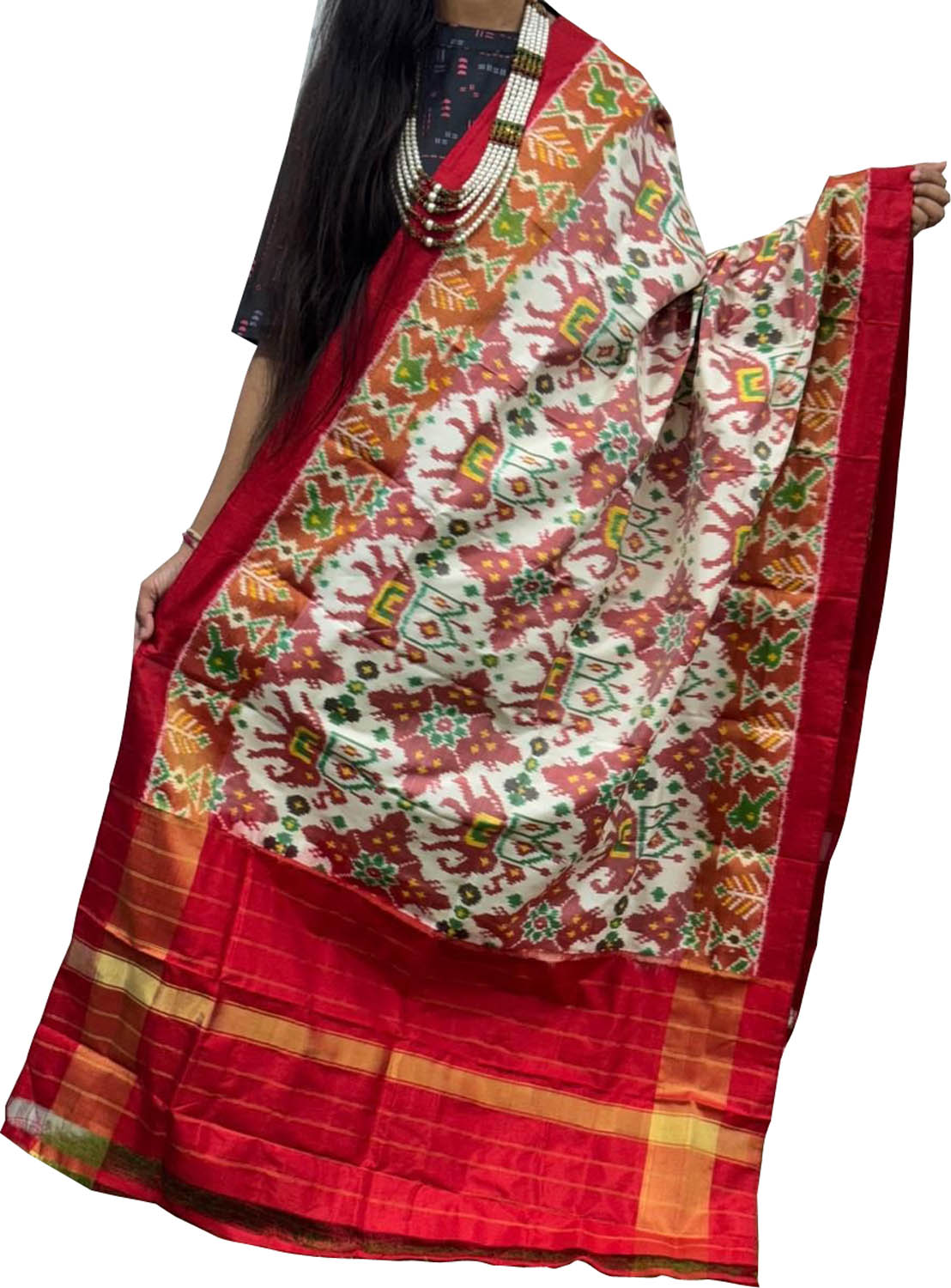 Off White Handloom Pochampally Ikat Pure Silk Dupatta - Luxurion World