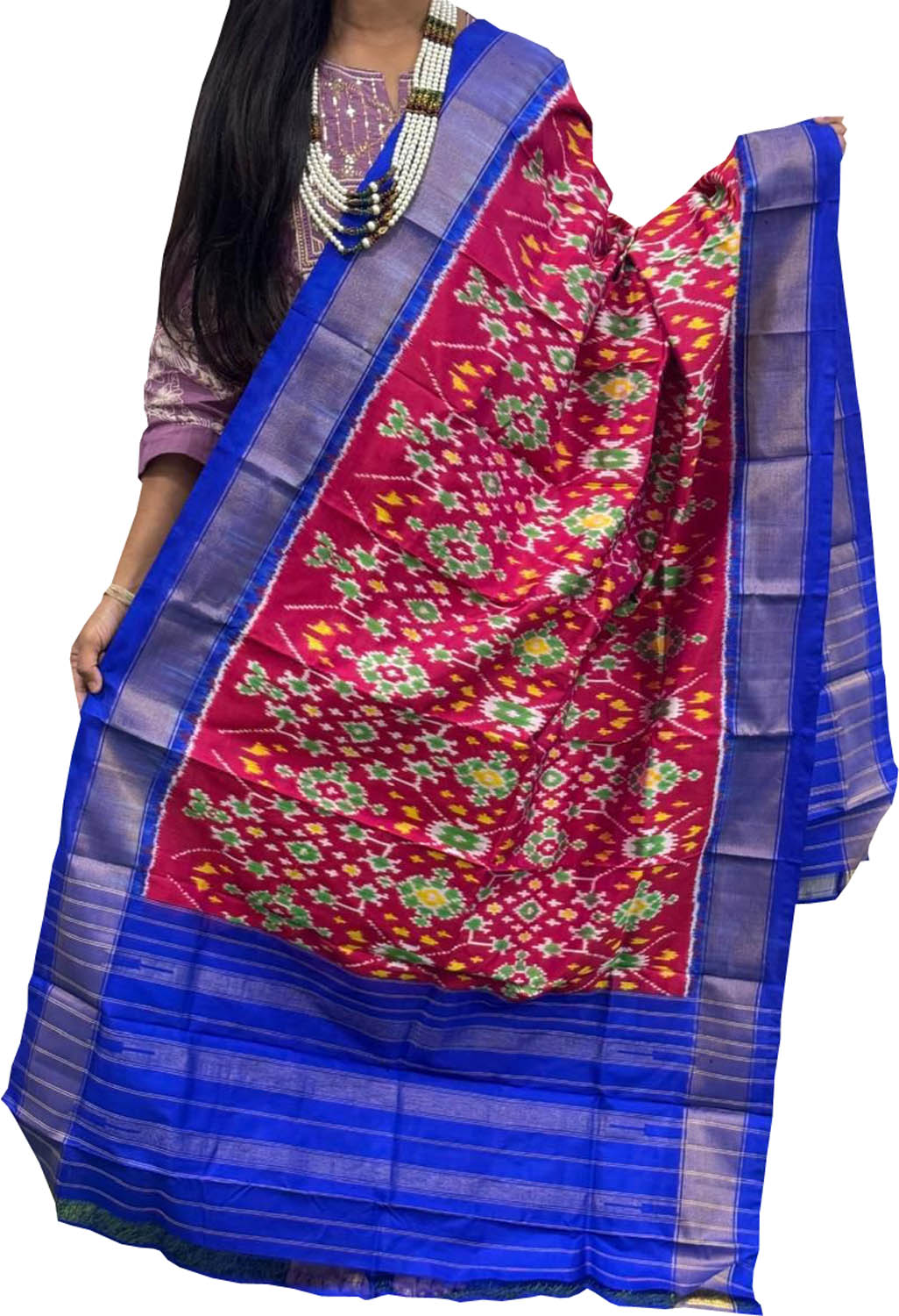 Pink Handloom Pochampally Ikat Pure Silk Dupatta - Luxurion World