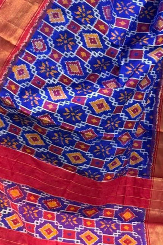 Blue Handloom Pochampally Ikat Pure Silk Dupatta - Luxurion World