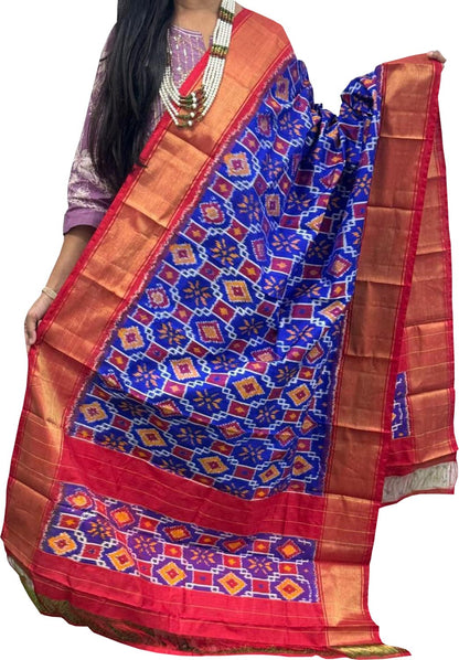Blue Handloom Pochampally Ikat Pure Silk Dupatta - Luxurion World