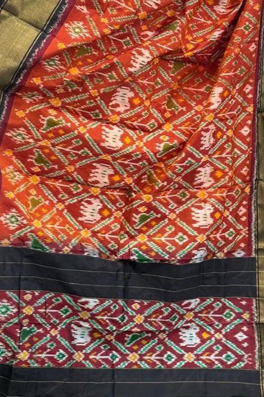 Orange Handloom Pochampally Ikat Pure Silk Dupatta - Luxurion World