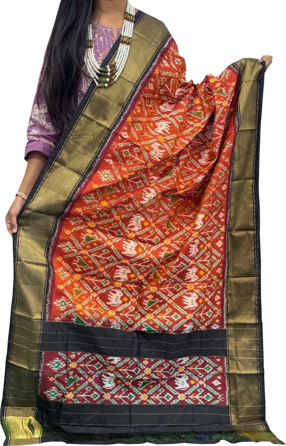 Orange Handloom Pochampally Ikat Pure Silk Dupatta - Luxurion World