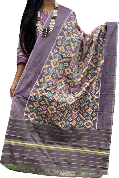 Elegant Grey Handloom Pochampally Ikat Pure Silk Dupatta - Luxurion World