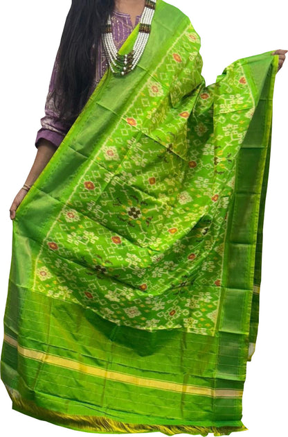 Green Handloom Pochampally Ikat Pure Silk Dupatta - Luxurion World