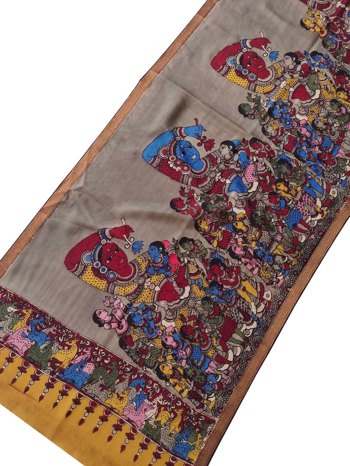 Stunning Grey Kalamkari Hand Painted Bangalore Silk Dupatta - Luxurion World