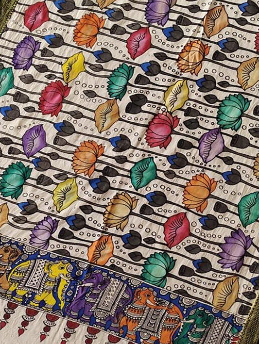 Multicolor Kalamkari Hand Painted Mangalgiri Cotton Dupatta - Luxurion World