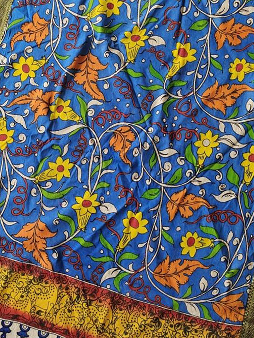 Blue Kalamkari Hand Painted Mangalgiri Cotton Dupatta - Luxurion World
