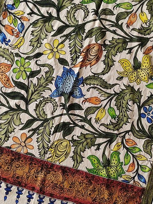 Multicolor Kalamkari Hand Painted Mangalgiri Cotton Dupatta - Luxurion World