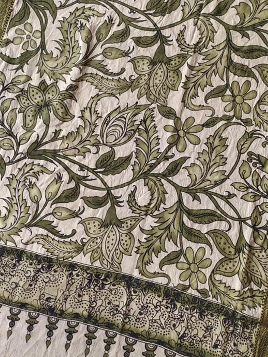 Green Kalamkari Hand Painted Mangalgiri Cotton Dupatta - Luxurion World