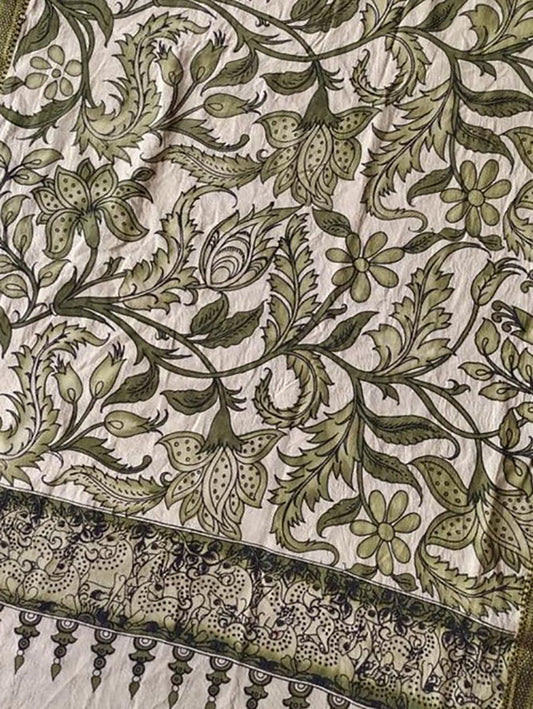 Green Kalamkari Hand Painted Mangalgiri Cotton Dupatta - Luxurion World