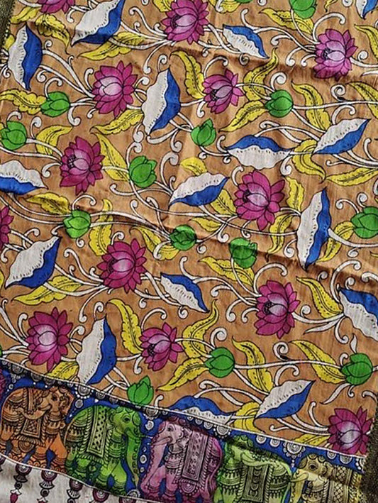 Multicolor Kalamkari Hand Painted Mangalgiri Cotton Dupatta - Luxurion World
