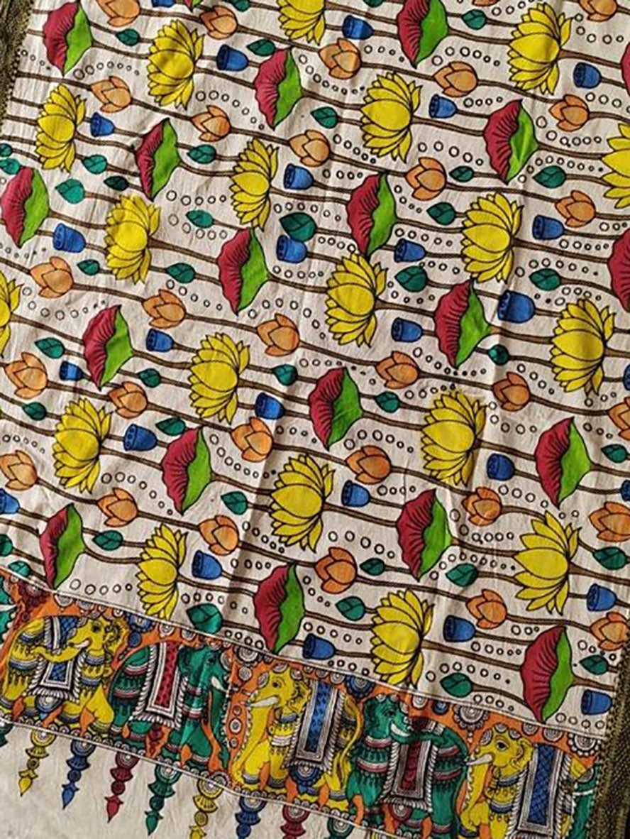 Multicolor Kalamkari Hand Painted Mangalgiri Cotton Dupatta - Luxurion World