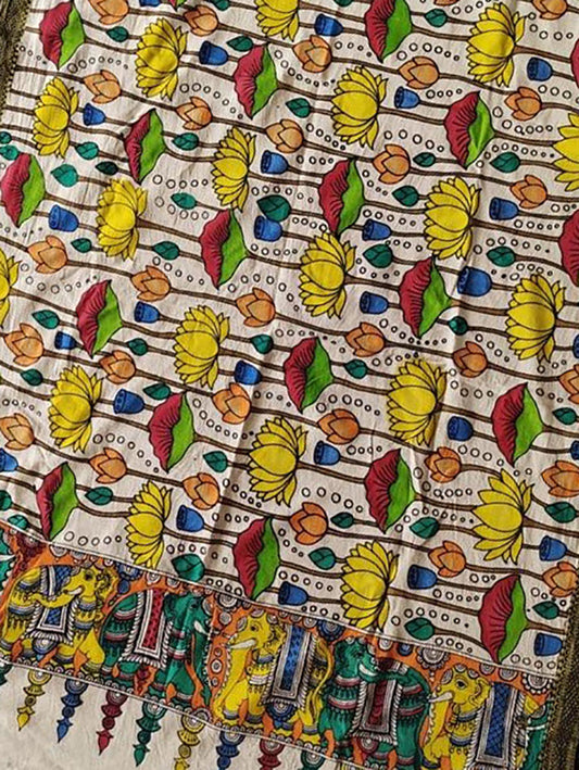 Multicolor Kalamkari Hand Painted Mangalgiri Cotton Dupatta - Luxurion World