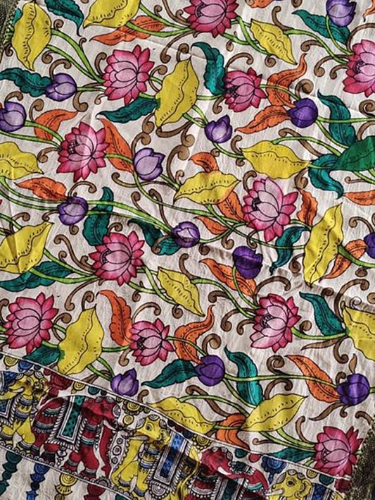 Multicolor Kalamkari Hand Painted Mangalgiri Cotton Dupatta - Luxurion World