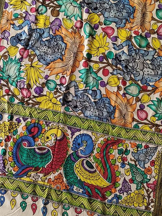 Multicolor Kalamkari Hand Painted Mangalgiri Cotton Dupatta - Luxurion World
