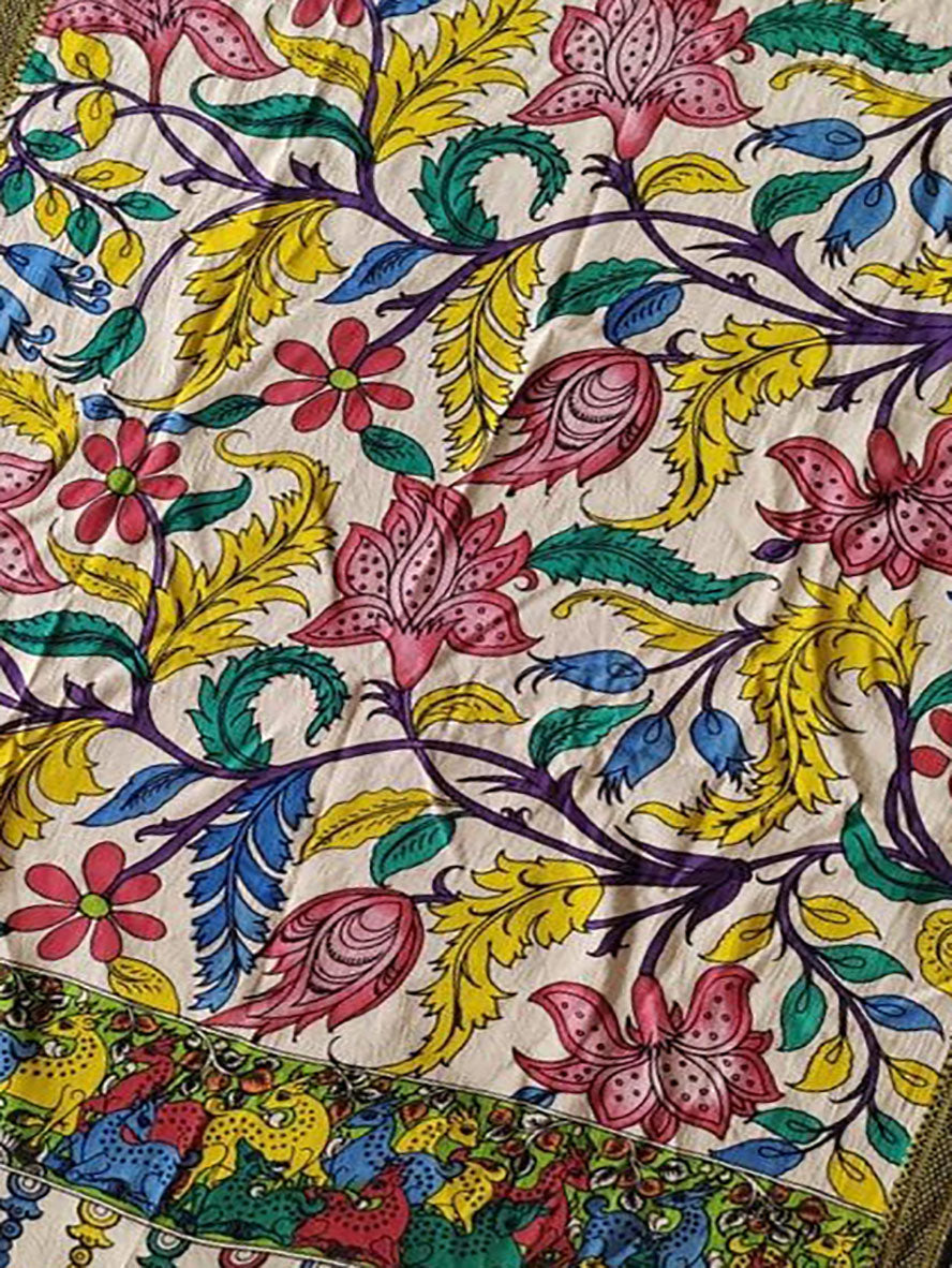 Multicolor Kalamkari Hand Painted Mangalgiri Cotton Dupatta - Luxurion World
