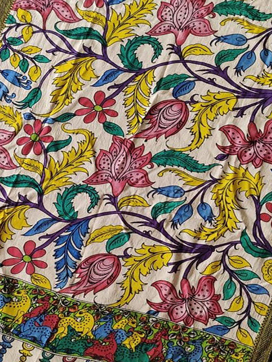 Multicolor Kalamkari Hand Painted Mangalgiri Cotton Dupatta - Luxurion World