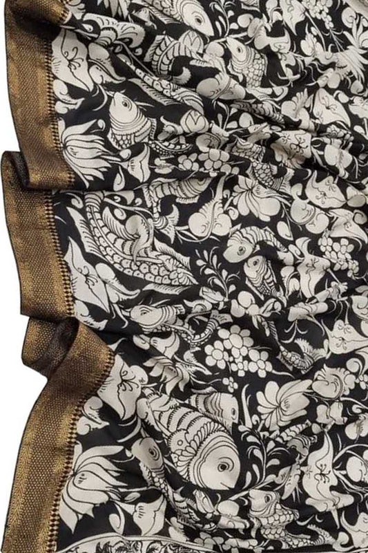 Hand Painted Kalamkari Silk Dupatta in Black & White - Luxurion World