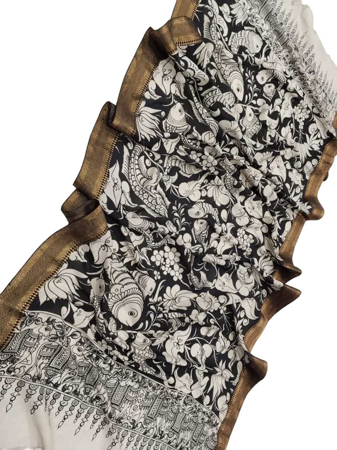 Hand Painted Kalamkari Silk Dupatta in Black & White - Luxurion World