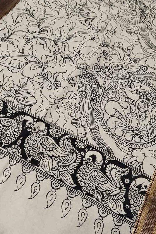 Black & White Hand Painted Kalamkari Banglore Silk Dupatta - Luxurion World