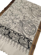 Black & White Hand Painted Kalamkari Banglore Silk Dupatta - Luxurion World