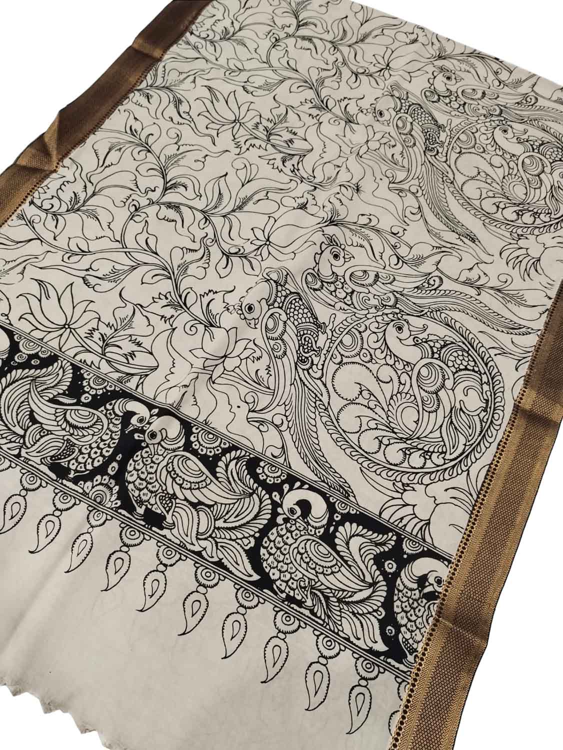 Black & White Hand Painted Kalamkari Banglore Silk Dupatta - Luxurion World