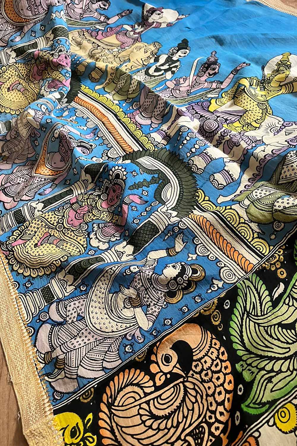Blue Kalamkari Hand Painted Pure Bangalore Silk Dupatta - Luxurion World