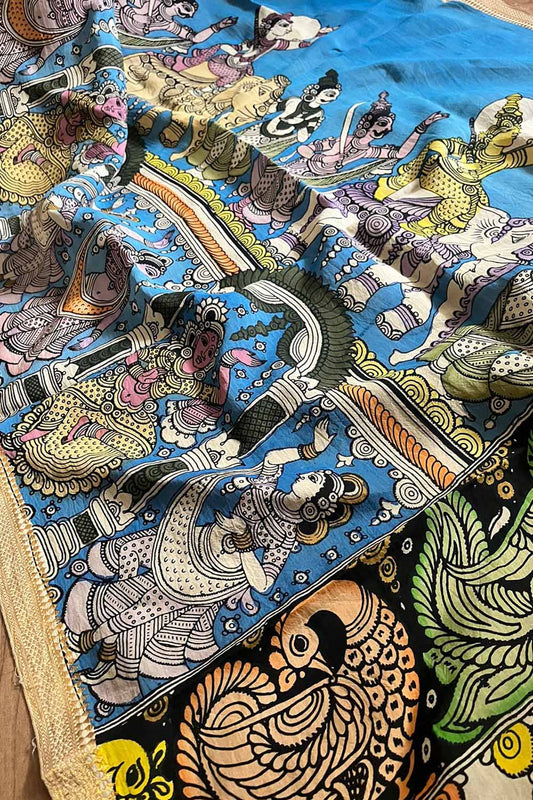 Blue Kalamkari Hand Painted Pure Bangalore Silk Dupatta - Luxurion World