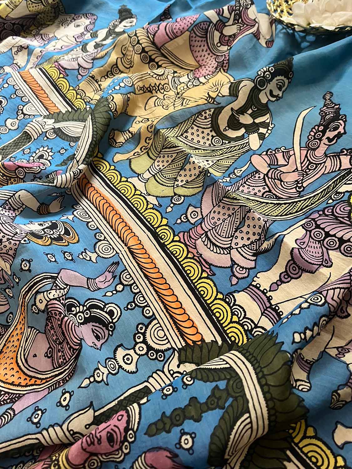 Blue Kalamkari Hand Painted Pure Bangalore Silk Dupatta - Luxurion World