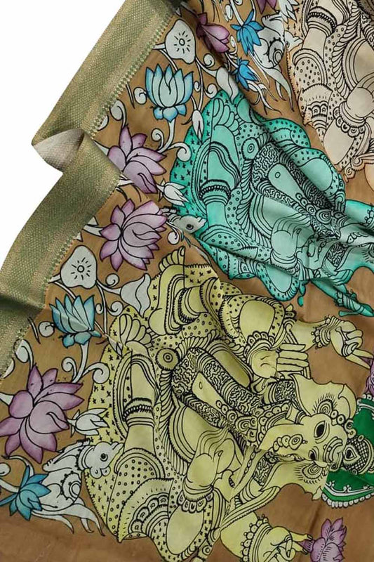 Multicolor Kalamkari Hand Painted Pure Bangalore Silk Dupatta - Luxurion World