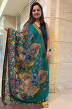 Multicolor Kalamkari Hand Painted Pure Bangalore Silk Dupatta - Luxurion World