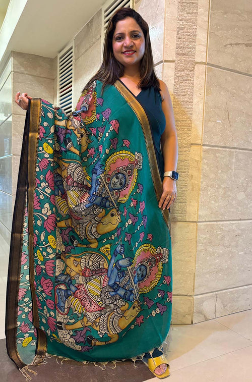 Multicolor Kalamkari Hand Painted Pure Bangalore Silk Dupatta - Luxurion World