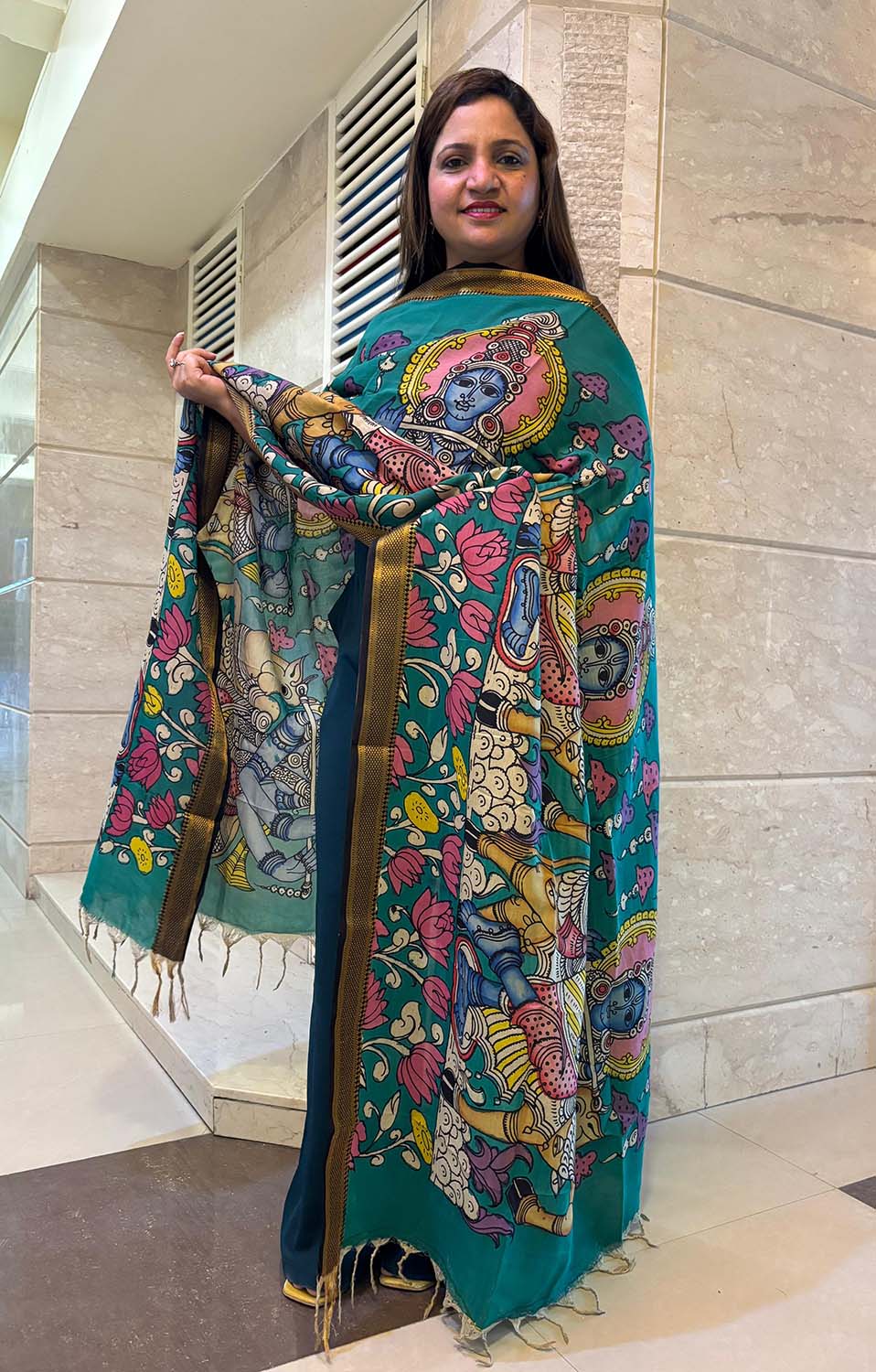 Multicolor Kalamkari Hand Painted Pure Bangalore Silk Dupatta - Luxurion World