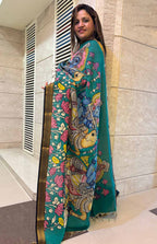 Multicolor Kalamkari Hand Painted Pure Bangalore Silk Dupatta - Luxurion World