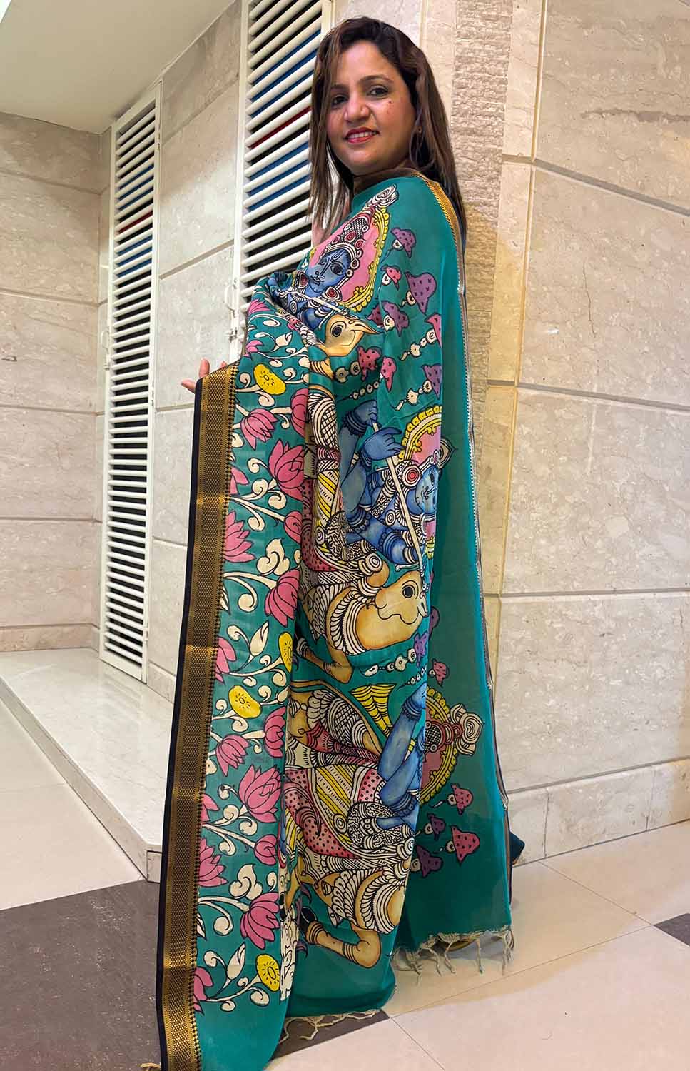 Multicolor Kalamkari Hand Painted Pure Bangalore Silk Dupatta - Luxurion World