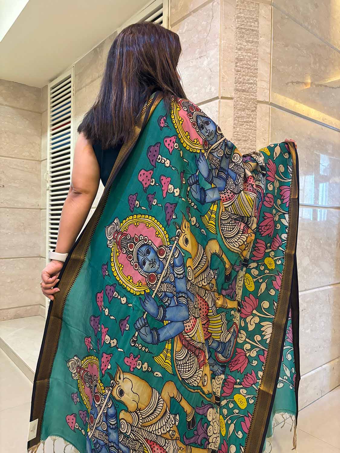Multicolor Kalamkari Hand Painted Pure Bangalore Silk Dupatta - Luxurion World