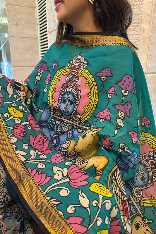 Multicolor Kalamkari Hand Painted Pure Bangalore Silk Dupatta - Luxurion World