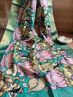 Multicolor Kalamkari Hand Painted Pure Bangalore Silk Dupatta - Luxurion World