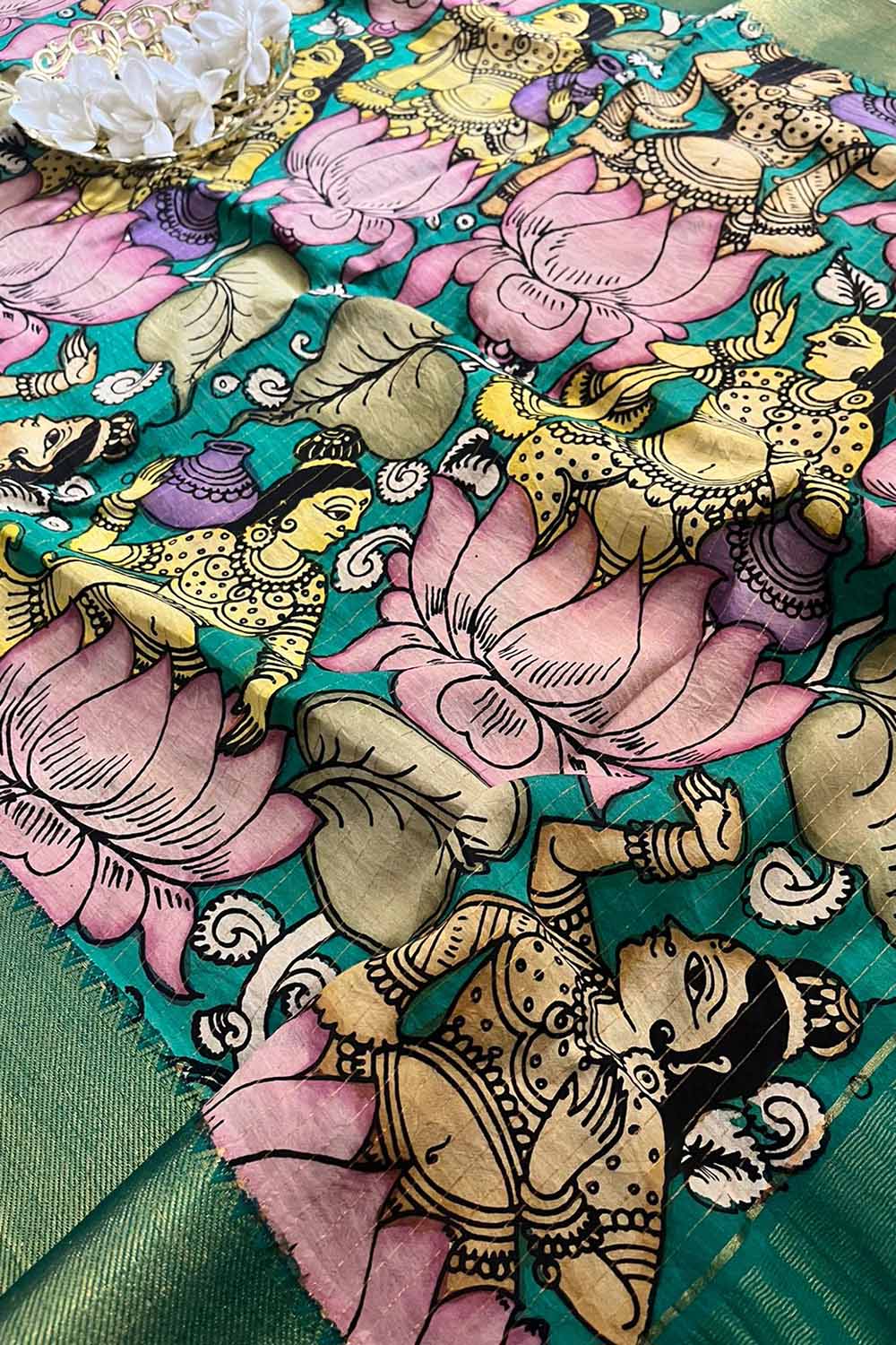 Multicolor Kalamkari Hand Painted Pure Bangalore Silk Dupatta - Luxurion World