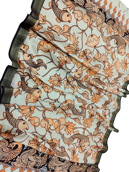 Hand Painted Kalamkari Dupatta in Off White - Luxurion World