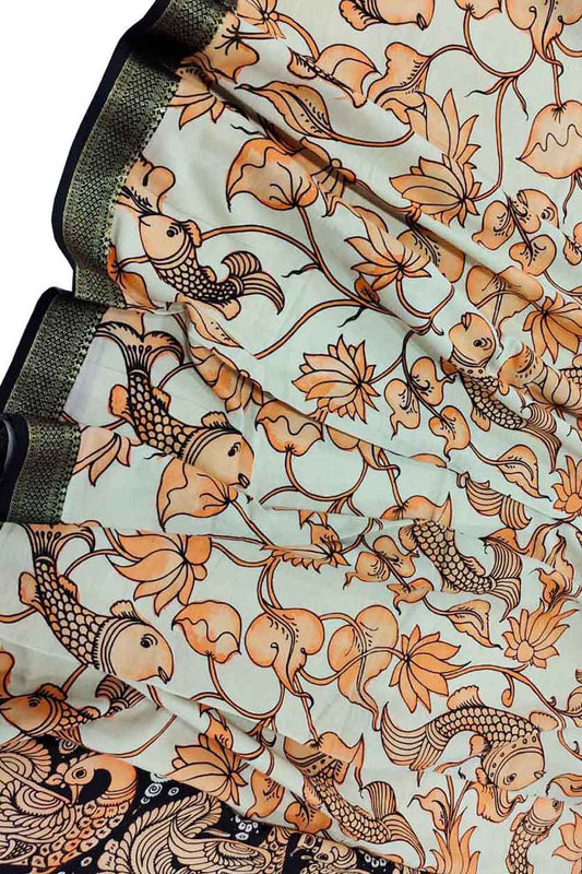 Hand Painted Kalamkari Dupatta in Off White - Luxurion World