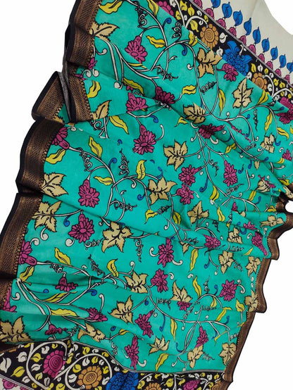 Blue Kalamkari Hand Painted Cotton Dupatta - Luxurion World