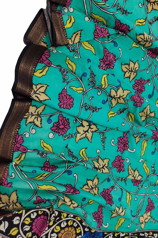 Blue Kalamkari Hand Painted Cotton Dupatta - Luxurion World