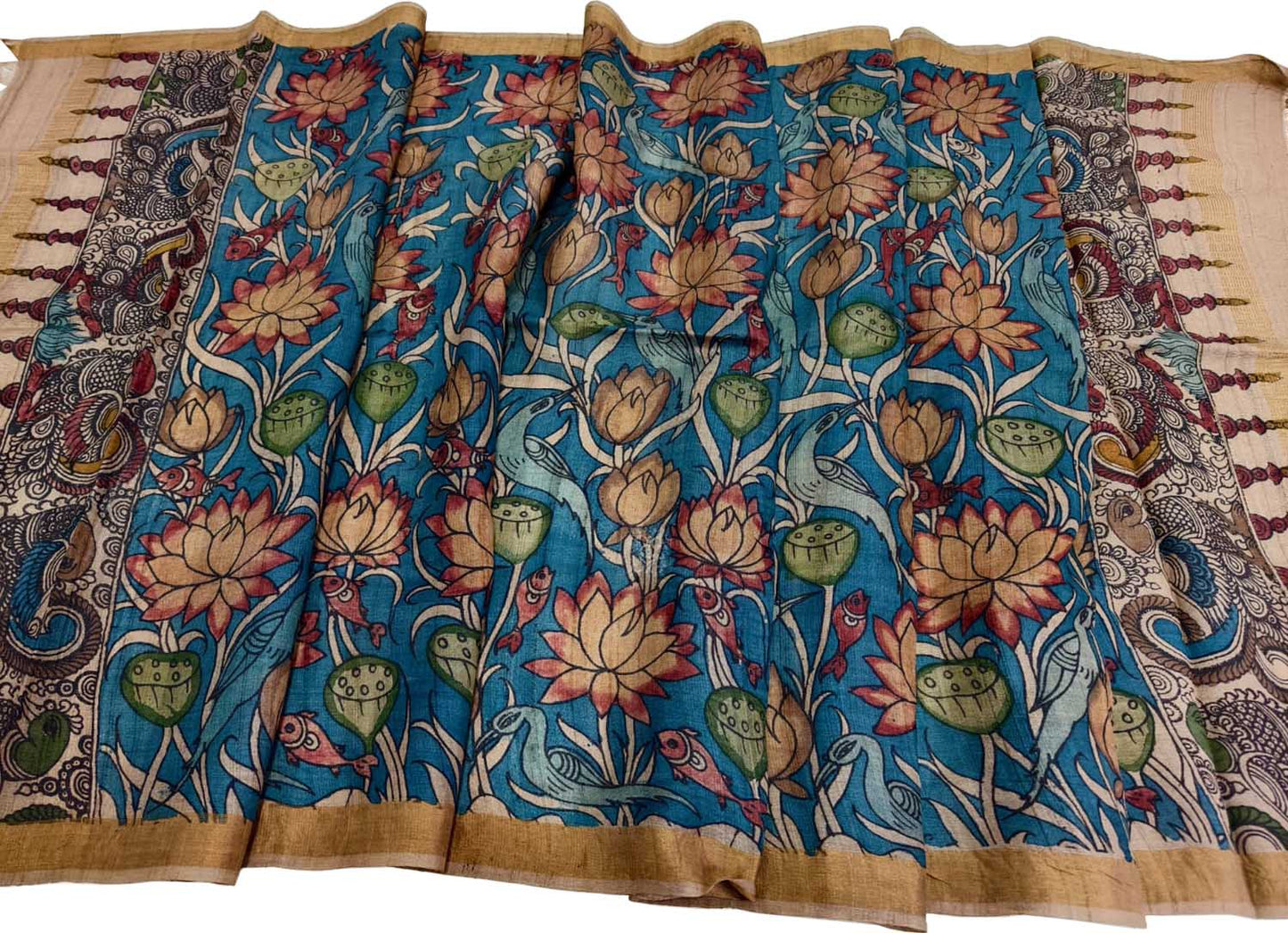 Hand-painted Tussar Silk Kalamkari Dupatta in Blue - Luxurion World