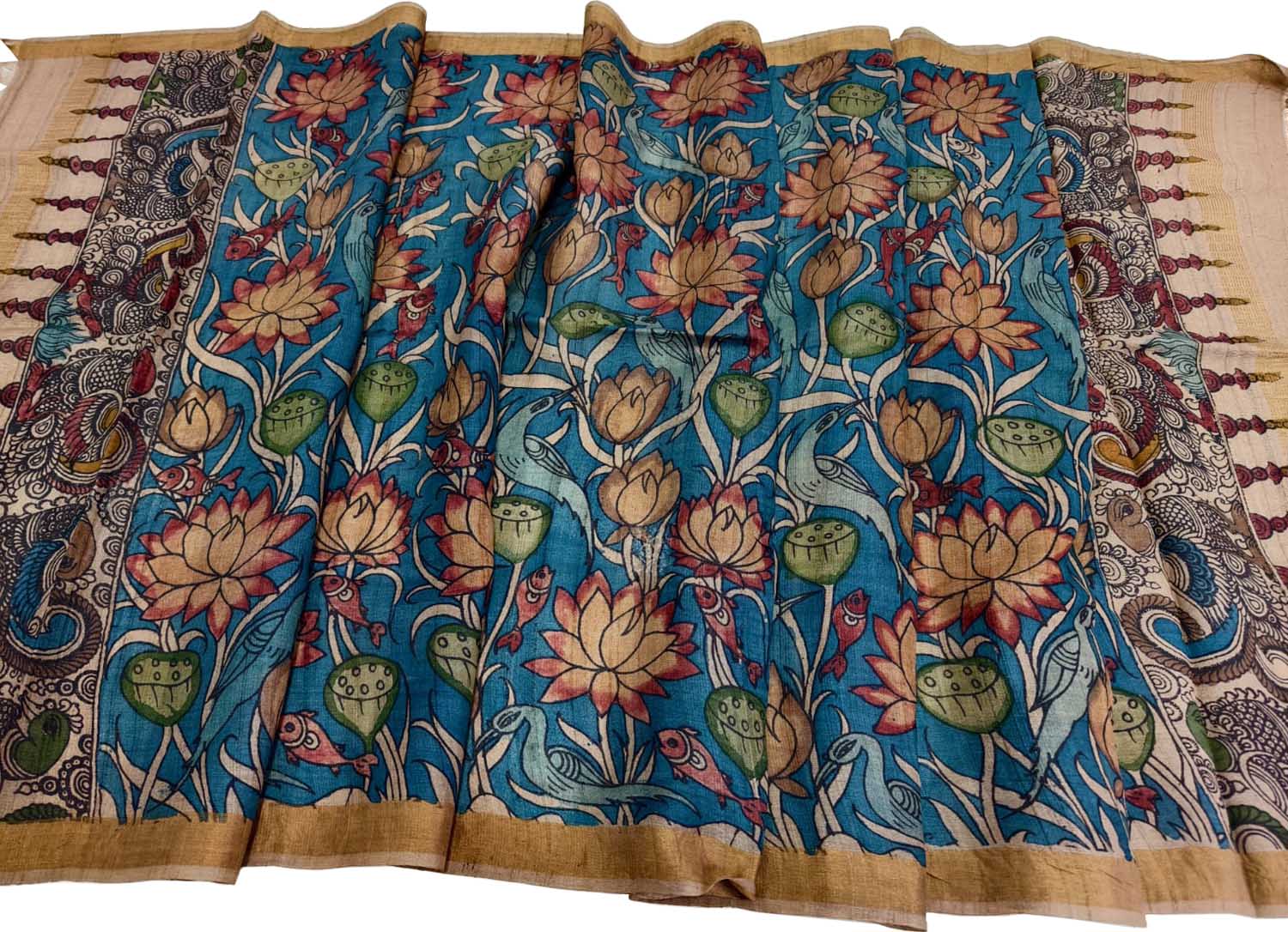 Hand-painted Tussar Silk Kalamkari Dupatta in Blue - Luxurion World