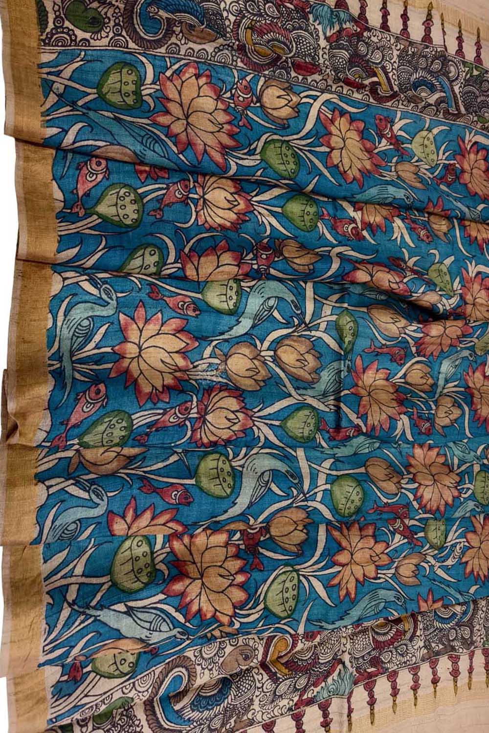 Hand-painted Tussar Silk Kalamkari Dupatta in Blue - Luxurion World- Crafted Heirlooms