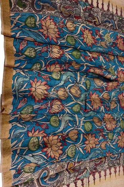 Hand-painted Tussar Silk Kalamkari Dupatta in Blue - Luxurion World