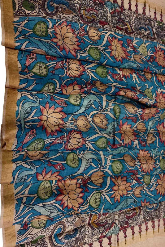 Hand-painted Tussar Silk Kalamkari Dupatta in Blue - Luxurion World