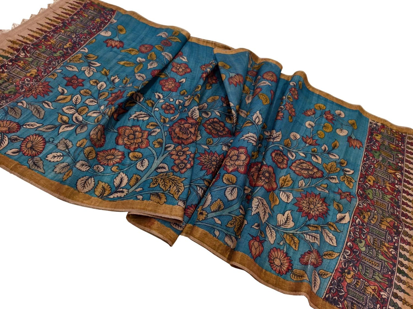 Blue Hand Painted Pure Tussar Silk Kalamkari Dupatta - Luxurion World